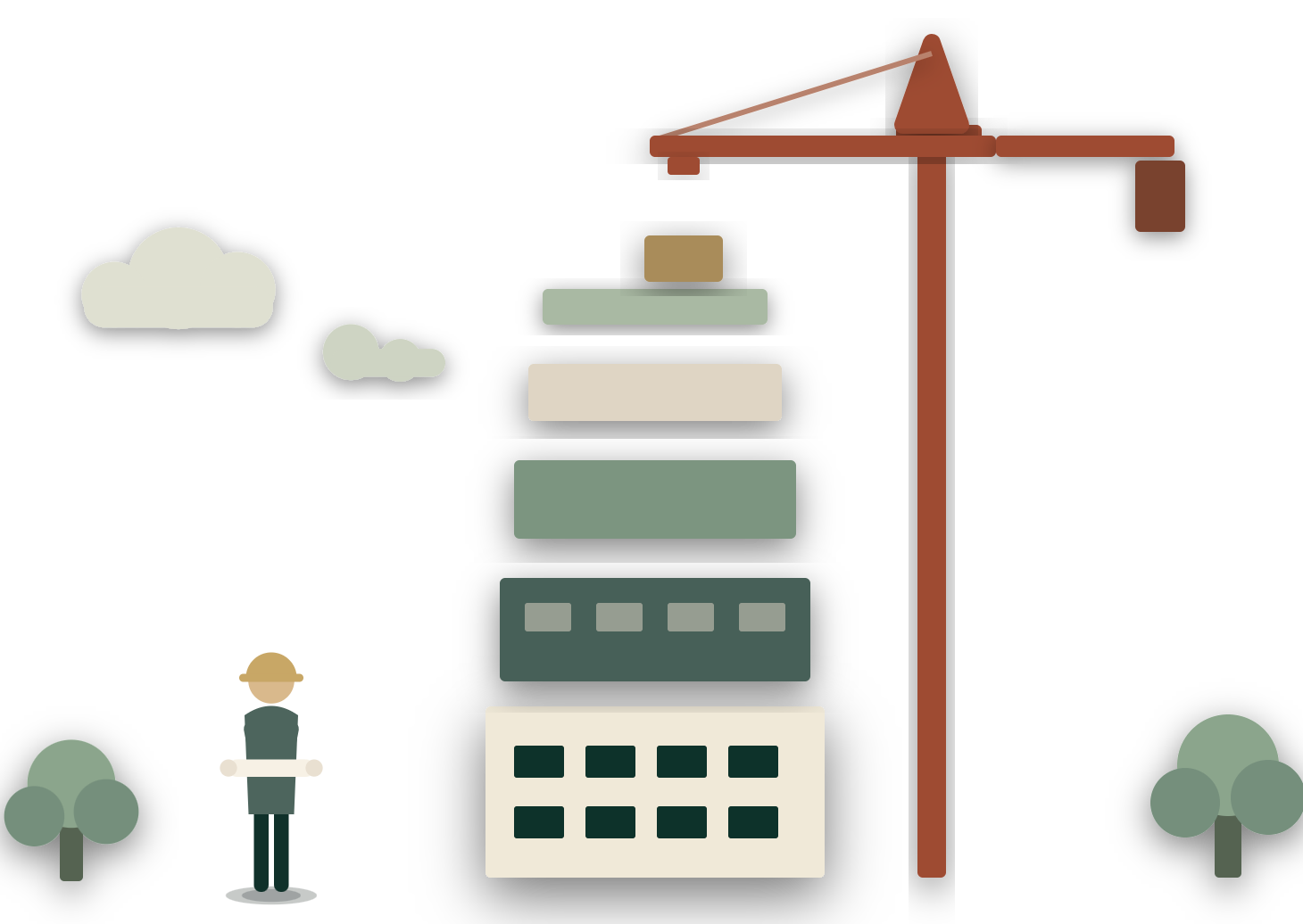 Cut-paper scene: a developer with plans beside a building under construction