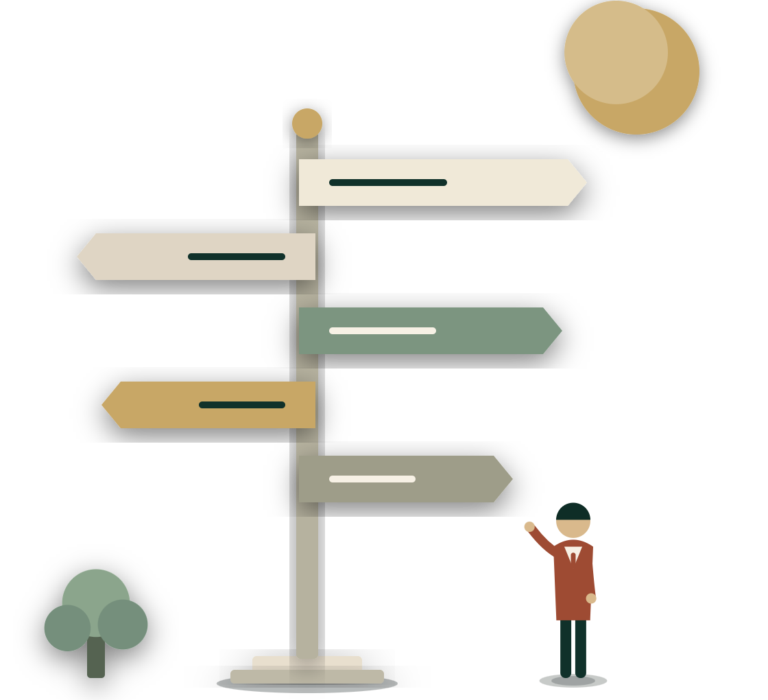 Cut-paper scene: a visitor at a wayfinding post, its paper blades pointing every direction