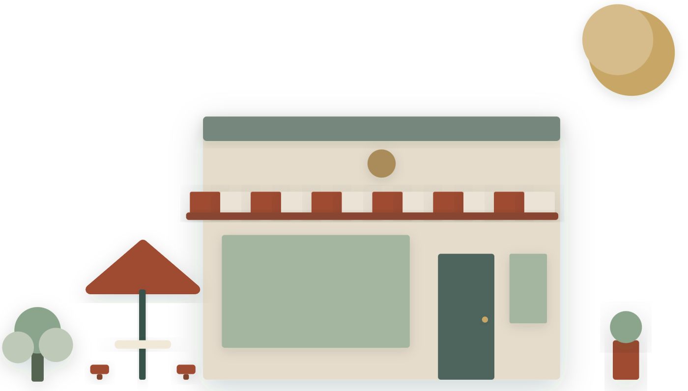Cut-paper scene: a restaurant with striped awning and terrace
