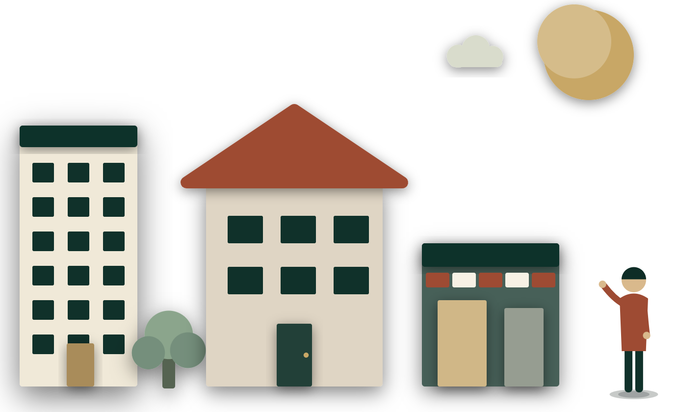 Cut-paper scene: an owner regarding a street of varied properties