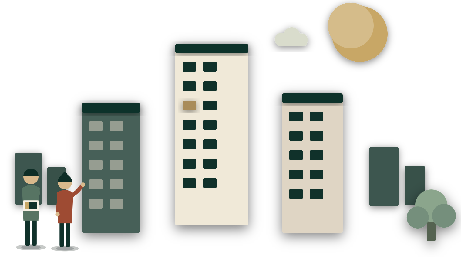 Cut-paper scene: two managers reviewing a portfolio of buildings
