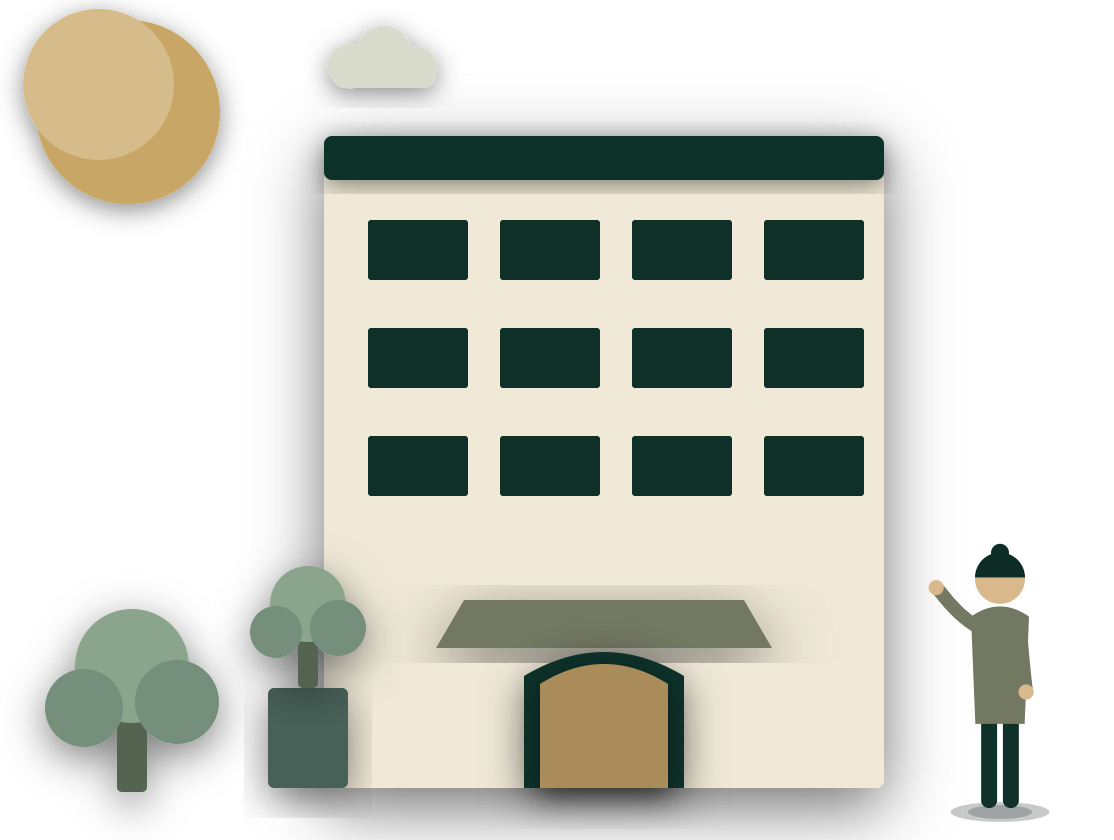 Cut-paper scene: a property manager welcoming at the building entrance