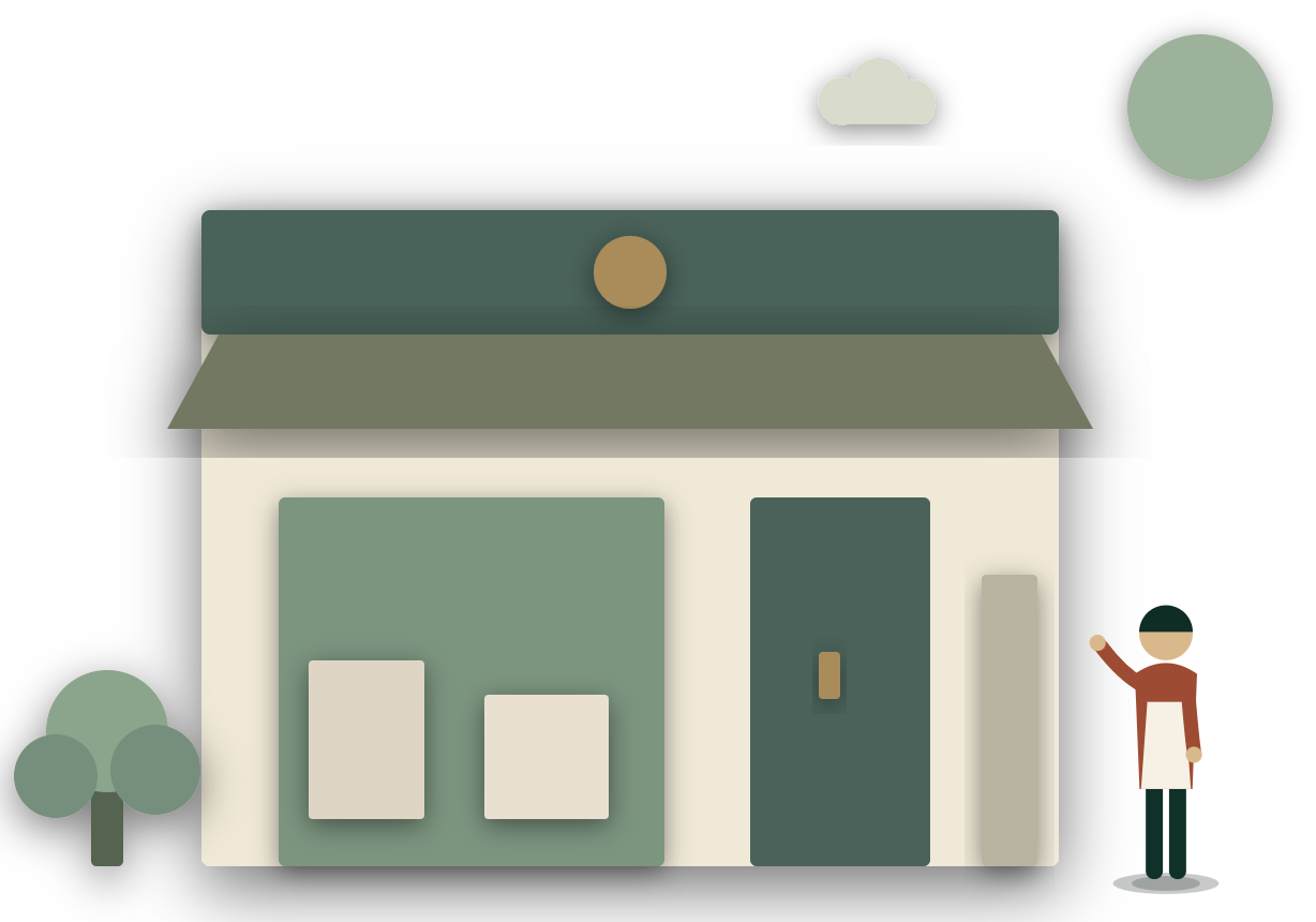 Cut-paper scene: a business owner outside their storefront
