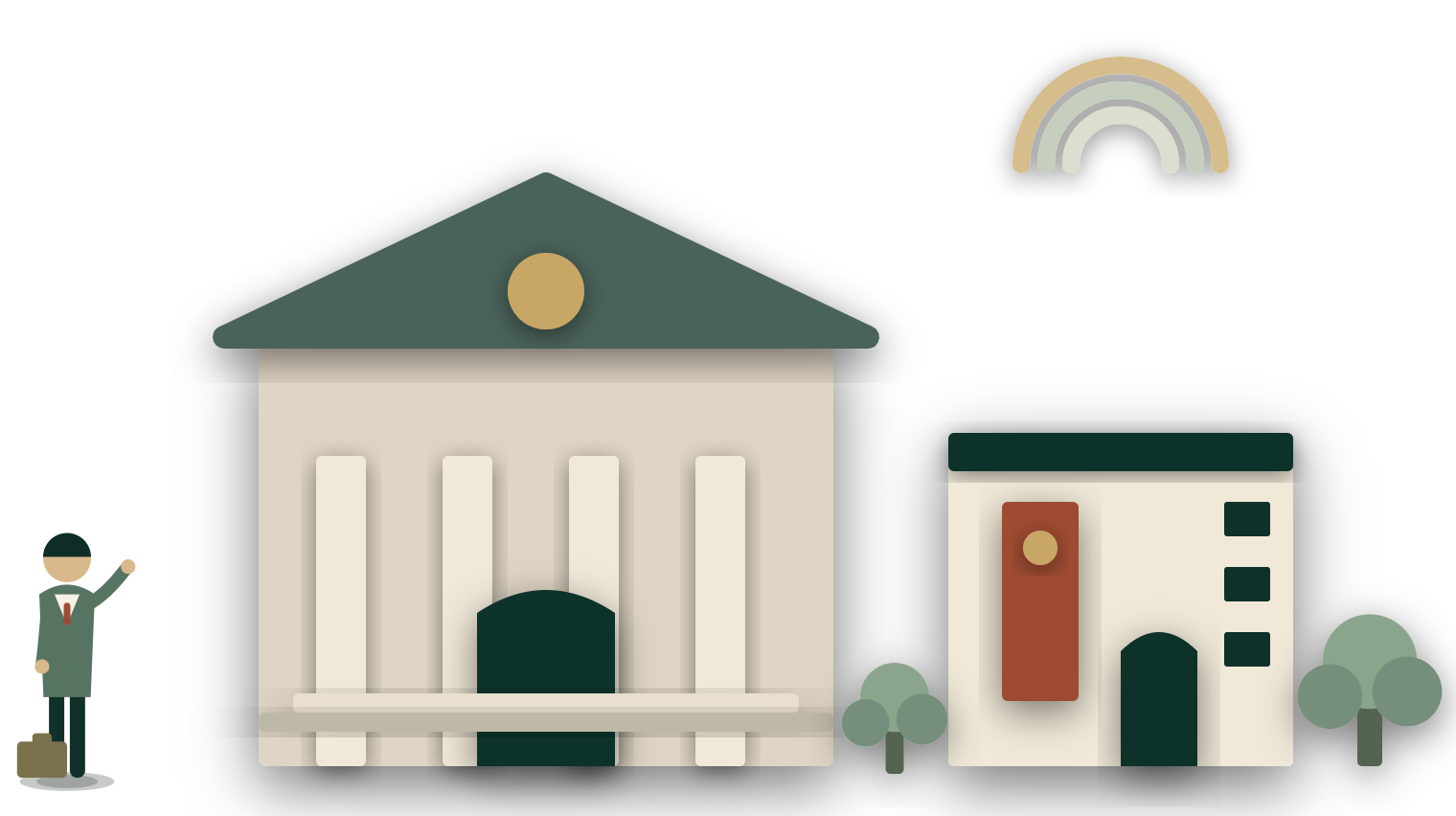 Cut-paper scene: a public steward presenting a civic hall and museum