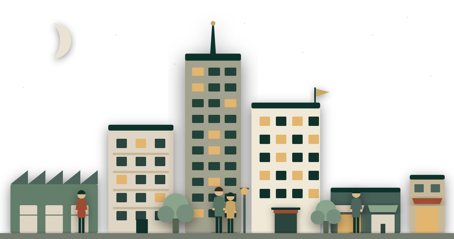 Cut-paper street at night: a warehouse, an apartment building, an office tower, a hotel, storefronts and a corner cafe along one sidewalk